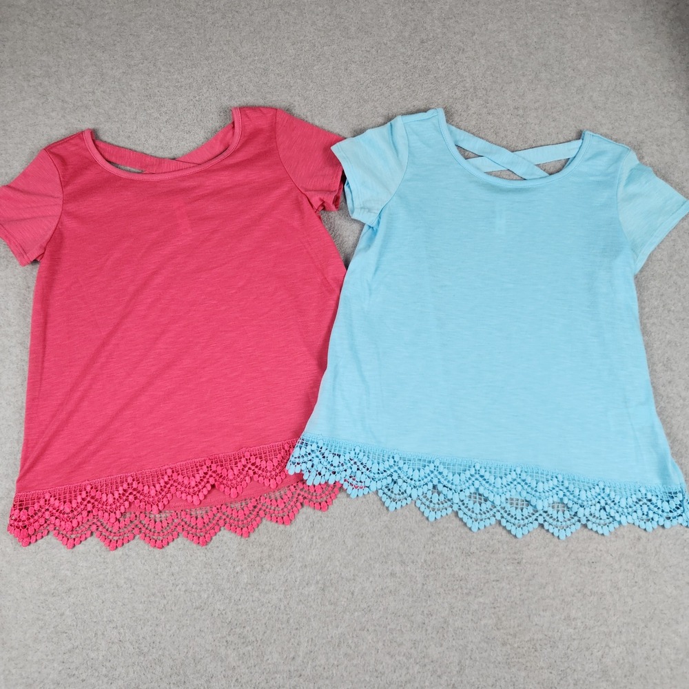 Lot of 2 Xhilaration T-Shirt Women L Pink Blue Crochet Lace Trim Crisscross Back